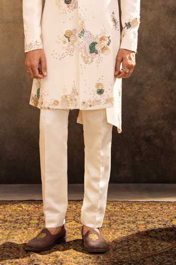 Millionaire Off White Viscose, Polyester Embroidery, Zari, Sherwani Jacket And Pyjama Set Online at Aza Fashions Millionaire_Off White Viscose, Polyester Embroidery, Zari, Sherwani Jacket And Pyjama Set _Online_at_Aza_Fashions