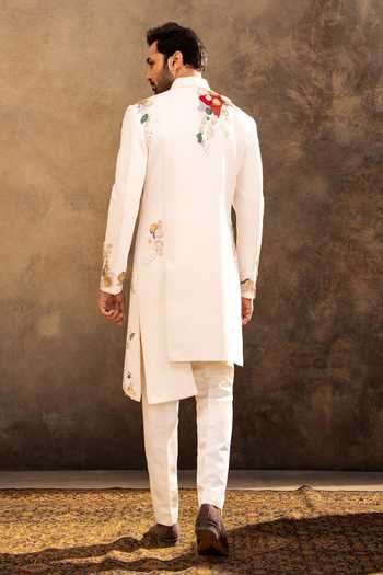 Shop Millionaire Off White Viscose, Polyester Embroidery, Zari, Sherwani Jacket And Pyjama Set at Aza Fashions Shop_Millionaire_Off White Viscose, Polyester Embroidery, Zari, Sherwani Jacket And Pyjama Set _at_Aza_Fashions