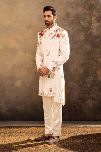 Shop Millionaire Off White Viscose, Polyester Embroidery, Zari, Sherwani Jacket And Pyjama Set Online at Aza Fashions Shop_Millionaire_Off White Viscose, Polyester Embroidery, Zari, Sherwani Jacket And Pyjama Set _Online_at_Aza_Fashions