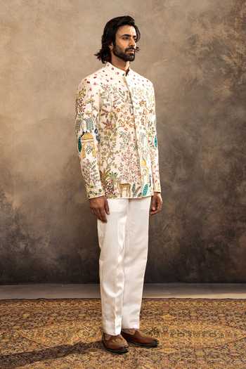 Shop_Millionaire_White Silk Embroidery Raw Bandhgala And Trouser Set _Online_at_Aza_Fashions