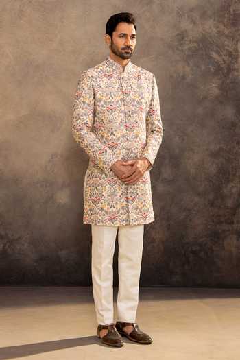 Buy_Millionaire_Cream Silk Flower Embroidered Raw Sherwani Set _Online_at_Aza_Fashions
