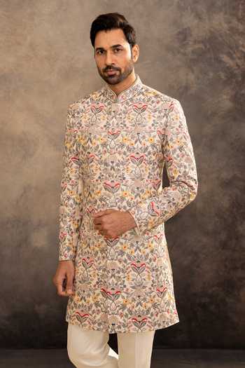 Shop_Millionaire_Cream Silk Flower Embroidered Raw Sherwani Set _Online_at_Aza_Fashions