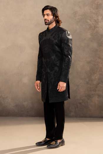 Millionaire_Black Satin Embroidery Tonal Sherwani Jacket And Pyjama Set _Online_at_Aza_Fashions