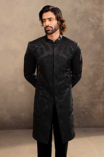 Buy_Millionaire_Black Satin Embroidery Tonal Sherwani Jacket And Pyjama Set _Online_at_Aza_Fashions
