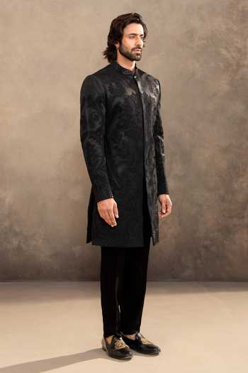 Shop_Millionaire_Black Satin Embroidery Tonal Sherwani Jacket And Pyjama Set _Online_at_Aza_Fashions