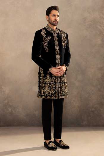 Buy_Millionaire_Black Velvet Embroidery, Zari Sherwani And Pyjama Set _Online_at_Aza_Fashions