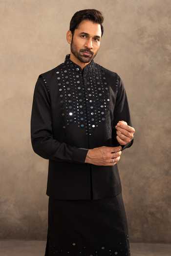 Millionaire_Black Satin, Linen Mirrors Embellished Koti Jacket Kurta Set _Online_at_Aza_Fashions