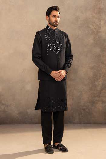 Buy_Millionaire_Black Satin, Linen Mirrors Embellished Koti Jacket Kurta Set _Online_at_Aza_Fashions
