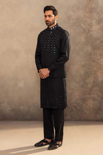 Shop_Millionaire_Black Satin, Linen Mirrors Embellished Koti Jacket Kurta Set _Online_at_Aza_Fashions