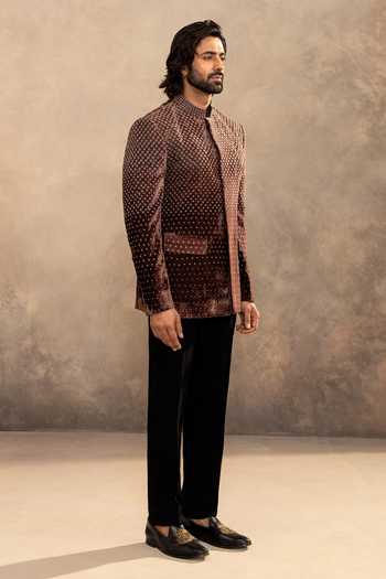 Millionaire_Black Velvet Ombre Embellished Bandhgala Set _Online_at_Aza_Fashions