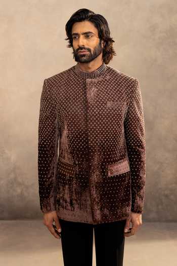 Shop_Millionaire_Black Velvet Ombre Embellished Bandhgala Set _Online_at_Aza_Fashions