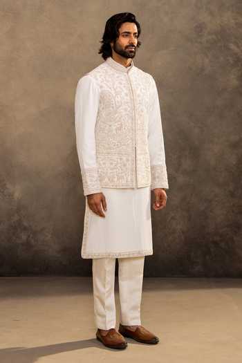 Buy Millionaire White Embroidery Romant Vertical Kurta And Nehru Jacket Set Online at Aza Fashions Buy_Millionaire_White Embroidery Romant Vertical Kurta And Nehru Jacket Set _Online_at_Aza_Fashions