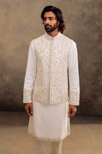 Shop Millionaire White Embroidery Romant Vertical Kurta And Nehru Jacket Set Online at Aza Fashions Shop_Millionaire_White Embroidery Romant Vertical Kurta And Nehru Jacket Set _Online_at_Aza_Fashions