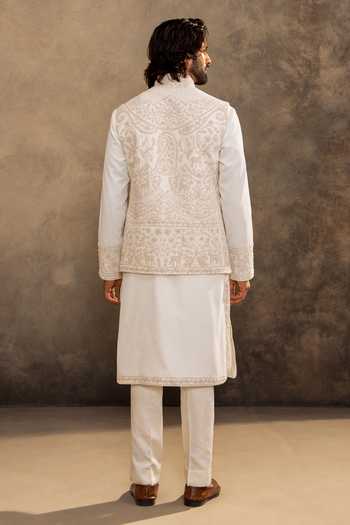 Shop Millionaire White Embroidery Romant Vertical Kurta And Nehru Jacket Set at Aza Fashions Shop_Millionaire_White Embroidery Romant Vertical Kurta And Nehru Jacket Set _at_Aza_Fashions