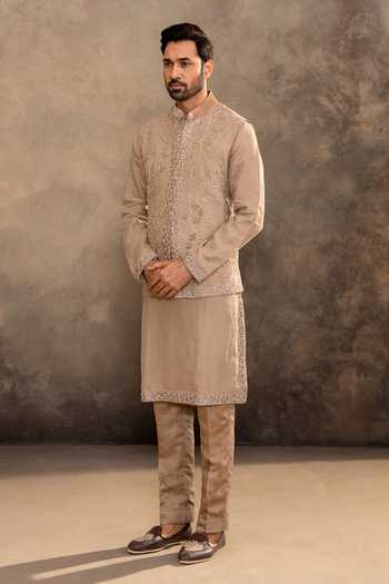 Millionaire_Beige Linen Embroidery Fabric Kurta Set With Waistcoat _Online_at_Aza_Fashions