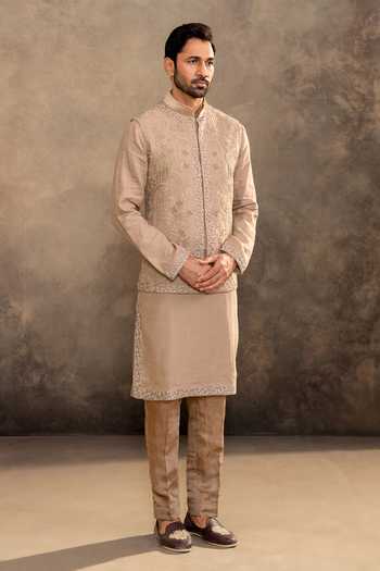 Buy_Millionaire_Beige Linen Embroidery Fabric Kurta Set With Waistcoat _Online_at_Aza_Fashions