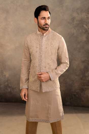 Shop_Millionaire_Beige Linen Embroidery Fabric Kurta Set With Waistcoat _Online_at_Aza_Fashions