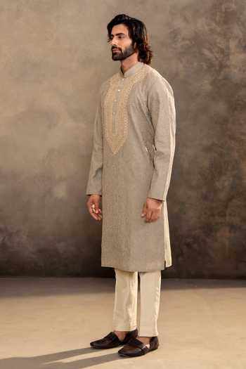 Millionaire_Green Silk Embroidery, Zari Yoke Kurta And Pyjama Set _Online_at_Aza_Fashions