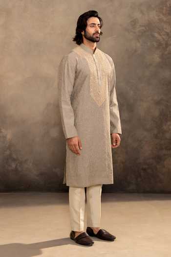 Buy_Millionaire_Green Silk Embroidery, Zari Yoke Kurta And Pyjama Set _Online_at_Aza_Fashions