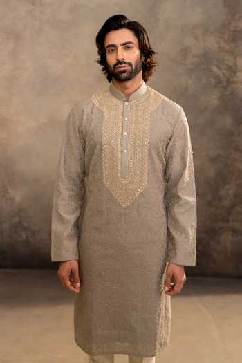 Shop_Millionaire_Green Silk Embroidery, Zari Yoke Kurta And Pyjama Set _Online_at_Aza_Fashions