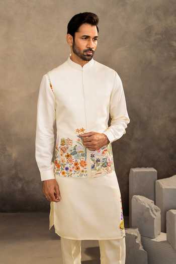 Shop_Millionaire_Off White Linen Embroidery Floral Pattern Nehru Jacket Kurta Set _Online_at_Aza_Fashions