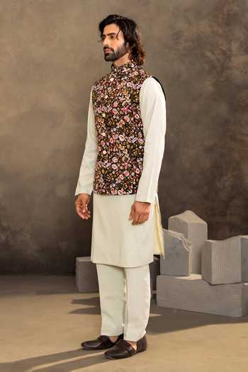 Millionaire_Off White Silk, Viscose, Polyester Floral Pattern Nehru Jacket Kurta Set _Online_at_Aza_Fashions