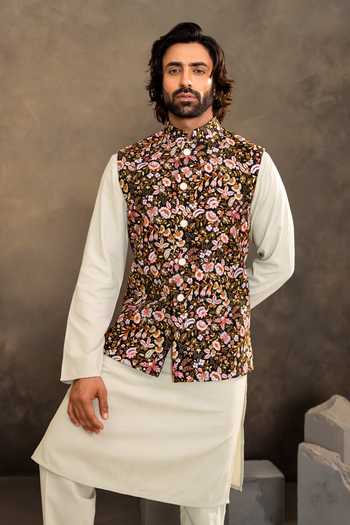 Shop_Millionaire_Off White Silk, Viscose, Polyester Floral Pattern Nehru Jacket Kurta Set _Online_at_Aza_Fashions