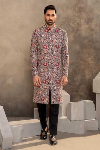 Millionaire_Blue Silk Floral Pattern Raw Sherwani Set _Online_at_Aza_Fashions