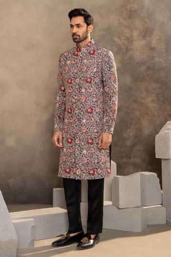 Buy_Millionaire_Blue Silk Floral Pattern Raw Sherwani Set _Online_at_Aza_Fashions