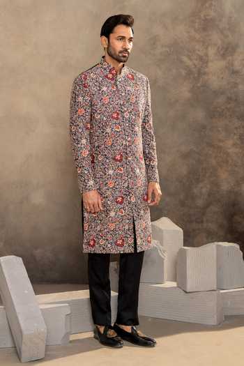 Shop_Millionaire_Blue Silk Floral Pattern Raw Sherwani Set _Online_at_Aza_Fashions