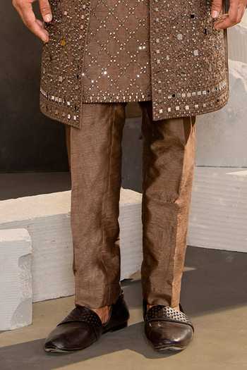 Millionaire_Brown Silk, Dupion Sequins, Mirrors Work Sherwani Set _Online_at_Aza_Fashions