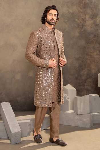 Buy_Millionaire_Brown Silk, Dupion Sequins, Mirrors Work Sherwani Set _Online_at_Aza_Fashions