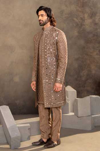 Shop_Millionaire_Brown Silk, Dupion Sequins, Mirrors Work Sherwani Set _Online_at_Aza_Fashions