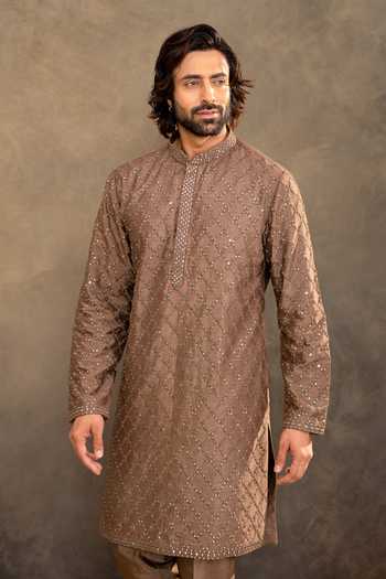 Millionaire_Brown Silk, Dupion Sequins, Mirrors Work Sherwani Set _at_Aza_Fashions