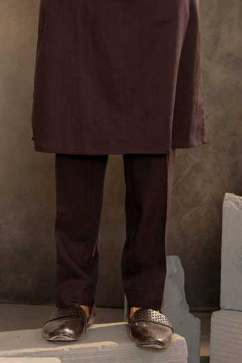 Millionaire_Brown Linen Sequins, Mirrors Embroidered Blend Kurta Set _Online_at_Aza_Fashions