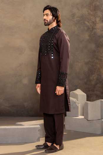 Buy_Millionaire_Brown Linen Sequins, Mirrors Embroidered Blend Kurta Set _Online_at_Aza_Fashions