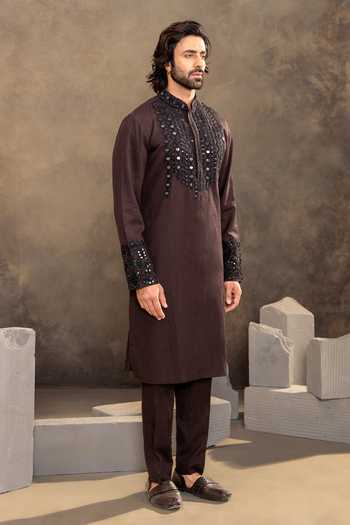 Shop_Millionaire_Brown Linen Sequins, Mirrors Embroidered Blend Kurta Set _Online_at_Aza_Fashions