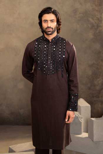 Millionaire_Brown Linen Sequins, Mirrors Embroidered Blend Kurta Set _at_Aza_Fashions