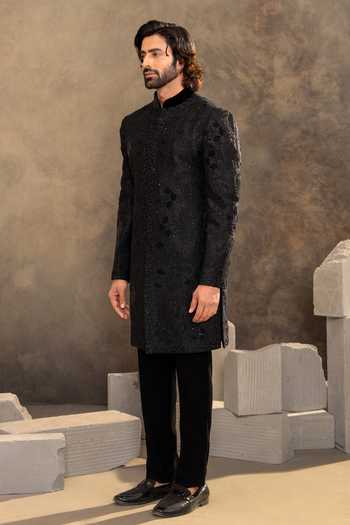 Buy Millionaire Black Silk Embroidered Raw Sherwani Jacket Set Online at Aza Fashions Buy_Millionaire_Black Silk Embroidered Raw Sherwani Jacket Set _Online_at_Aza_Fashions
