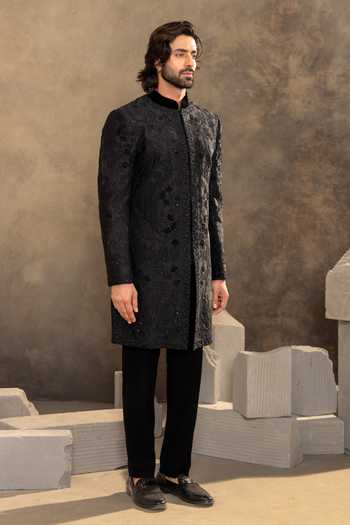 Shop Millionaire Black Silk Embroidered Raw Sherwani Jacket Set Online at Aza Fashions Shop_Millionaire_Black Silk Embroidered Raw Sherwani Jacket Set _Online_at_Aza_Fashions