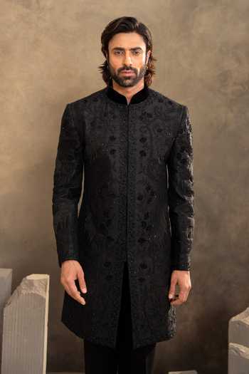 Millionaire Black Silk Embroidered Raw Sherwani Jacket Set at Aza Fashions Millionaire_Black Silk Embroidered Raw Sherwani Jacket Set _at_Aza_Fashions