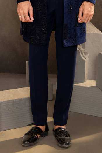 Millionaire_Blue Satin, Velvet Sequins Embroidered Sherwani Set _Online_at_Aza_Fashions