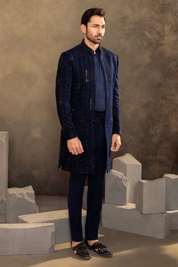 Buy_Millionaire_Blue Satin, Velvet Sequins Embroidered Sherwani Set _Online_at_Aza_Fashions