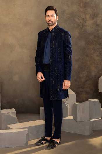Shop_Millionaire_Blue Satin, Velvet Sequins Embroidered Sherwani Set _Online_at_Aza_Fashions