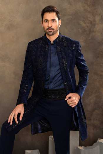 Millionaire_Blue Satin, Velvet Sequins Embroidered Sherwani Set _at_Aza_Fashions