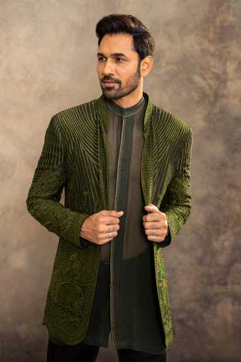 Shop_Millionaire_Green Georgette Embroidery Gometric Pattern Bandhgala Set _Online_at_Aza_Fashions