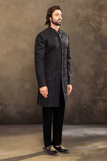 Buy_Millionaire_Black Embroidery Tonal Sherwani Jacket And Pyjama Set _Online_at_Aza_Fashions