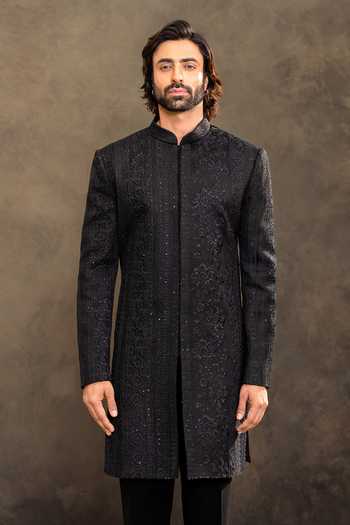 Shop_Millionaire_Black Embroidery Tonal Sherwani Jacket And Pyjama Set _Online_at_Aza_Fashions