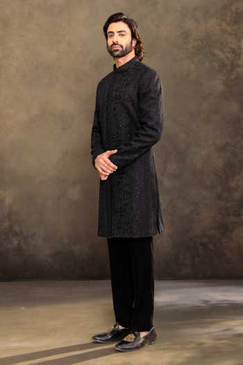 Millionaire_Black Embroidery Tonal Sherwani Jacket And Pyjama Set _at_Aza_Fashions