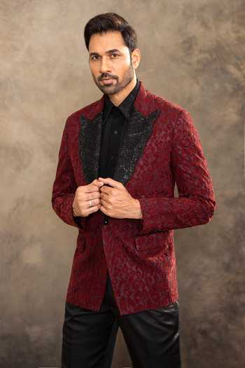 Buy_Millionaire_Maroon Net Printed Texture Suit Pant Set _Online_at_Aza_Fashions
